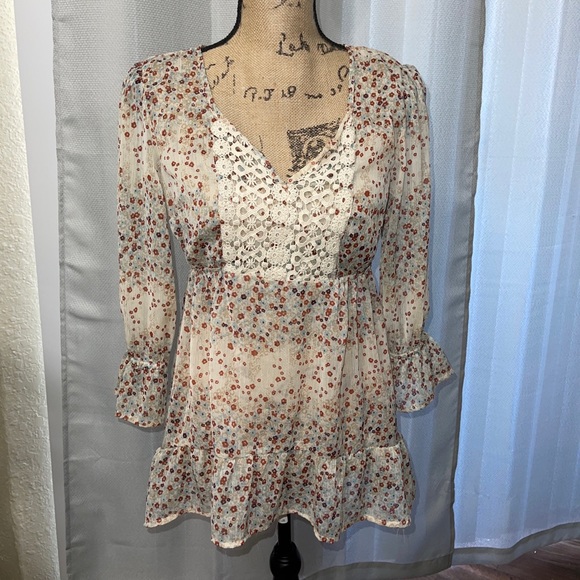 DECREE Yellow Gold Boho Feminine Sheer Floral Ruffle Cottagecore Blouse | XL - Picture 1 of 3